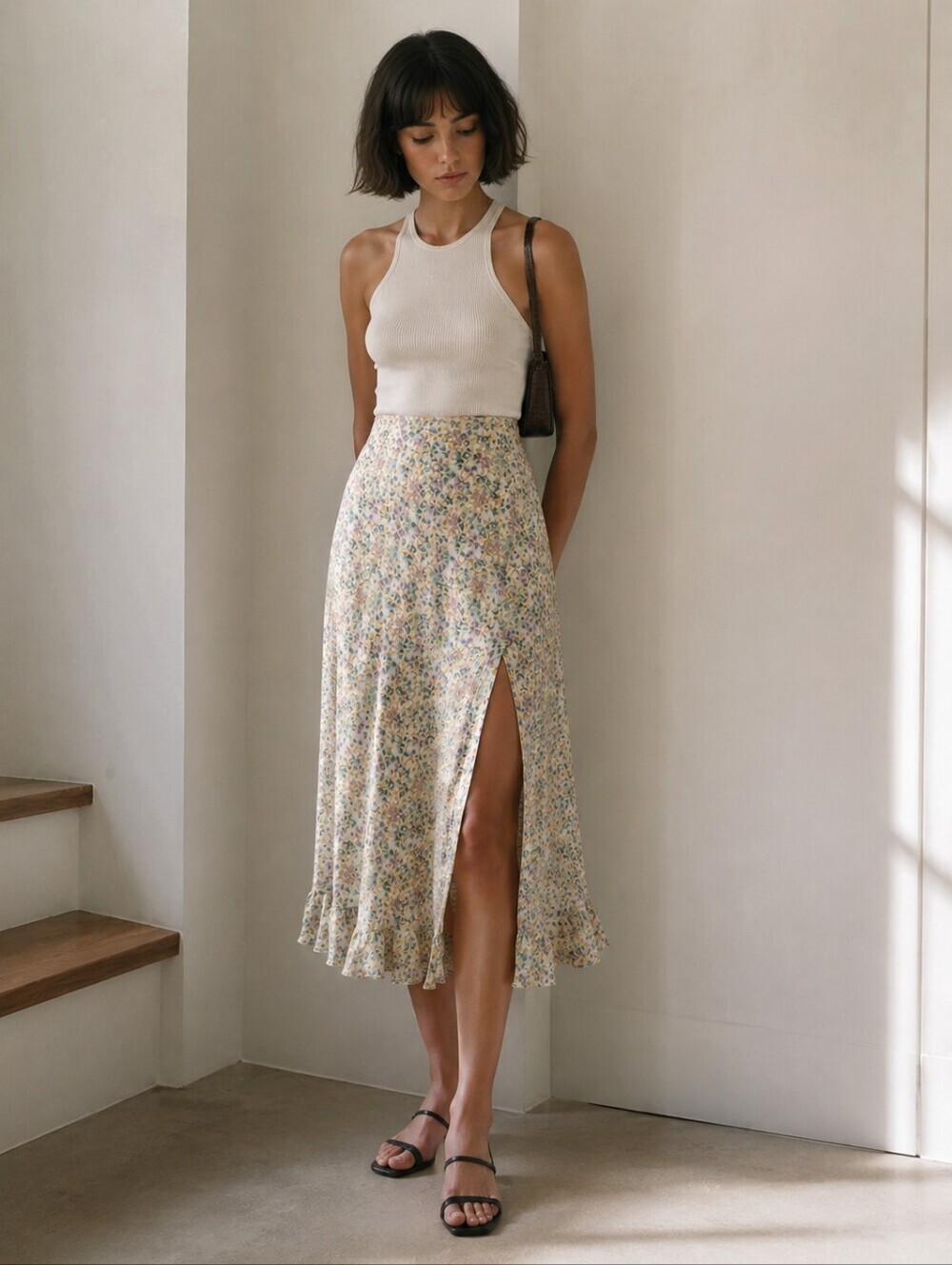 ZARA FLORAL SATIN MIDI SKIRT WITH FRONT SLIT SIZE XS